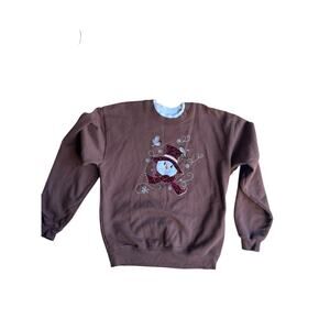 Endless Designs Vintage Women's Bird Snowman Embroidered Sweatshirt Brown Small